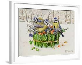 Blue Tits in Leaf Nest, 1996-E.B. Watts-Framed Giclee Print