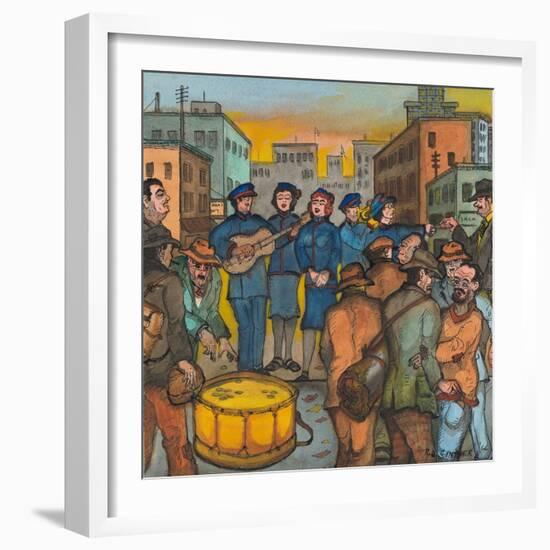 Blue-Uniformed Members of the Salvation Army Singing, Playing their Instruments and Saving Souls-Ronald Ginther-Framed Giclee Print