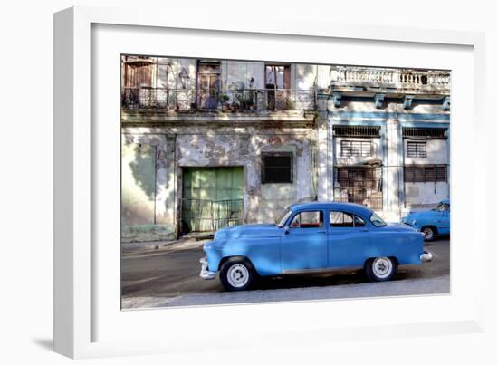 Blue Vintage American Car Parked on a Street in Havana Centro-Lee Frost-Framed Photographic Print