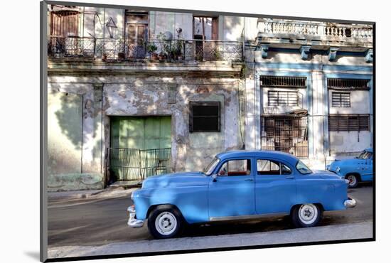 Blue Vintage American Car Parked on a Street in Havana Centro-Lee Frost-Mounted Photographic Print