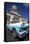 Blue Vintage American Car Parked Opposite the Capitolio-Lee Frost-Framed Stretched Canvas