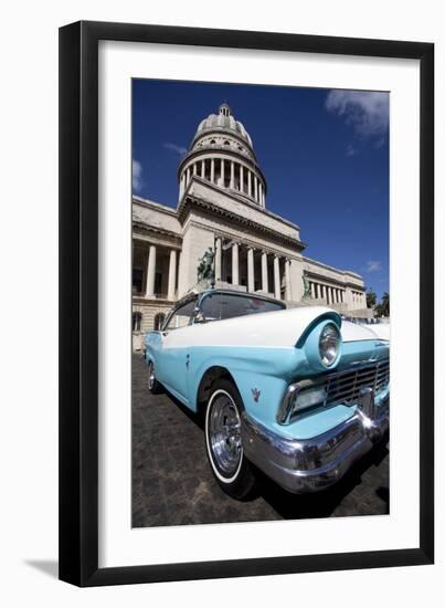 Blue Vintage American Car Parked Opposite the Capitolio-Lee Frost-Framed Photographic Print