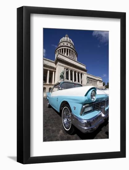 Blue Vintage American Car Parked Opposite the Capitolio-Lee Frost-Framed Photographic Print