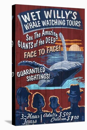 Blue Whale Watching - Vintage Sign-Lantern Press-Stretched Canvas