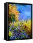 Blue wild flowers with an orange tree-Pol Ledent-Framed Stretched Canvas