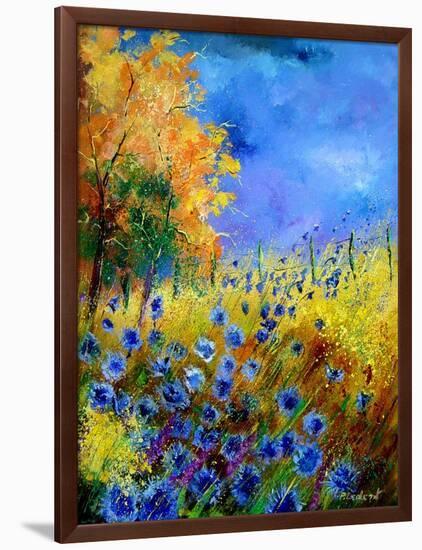 Blue wild flowers with an orange tree-Pol Ledent-Framed Art Print