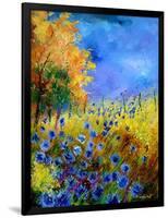 Blue wild flowers with an orange tree-Pol Ledent-Framed Art Print