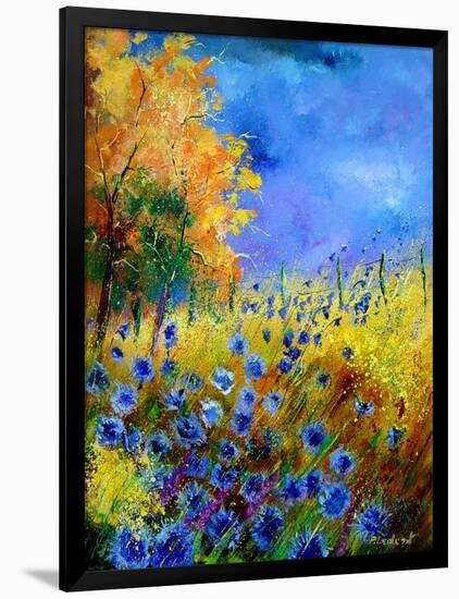 Blue wild flowers with an orange tree-Pol Ledent-Framed Art Print