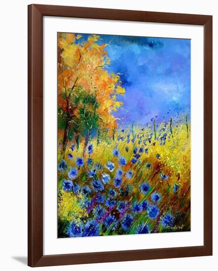 Blue wild flowers with an orange tree-Pol Ledent-Framed Art Print