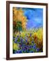 Blue wild flowers with an orange tree-Pol Ledent-Framed Art Print