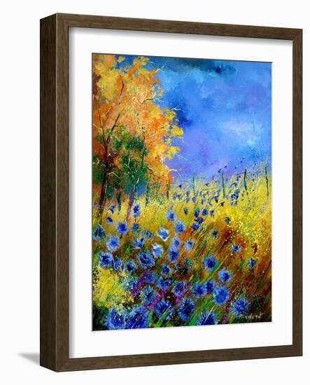 Blue wild flowers with an orange tree-Pol Ledent-Framed Art Print