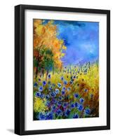 Blue wild flowers with an orange tree-Pol Ledent-Framed Art Print