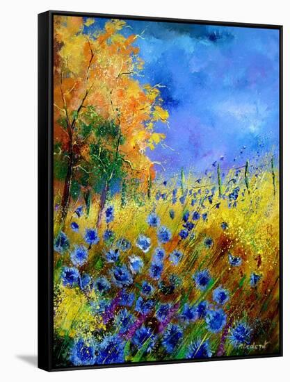 Blue wild flowers with an orange tree-Pol Ledent-Framed Stretched Canvas