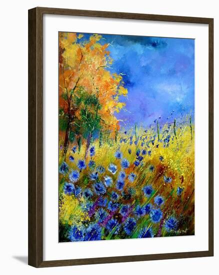 Blue wild flowers with an orange tree-Pol Ledent-Framed Art Print