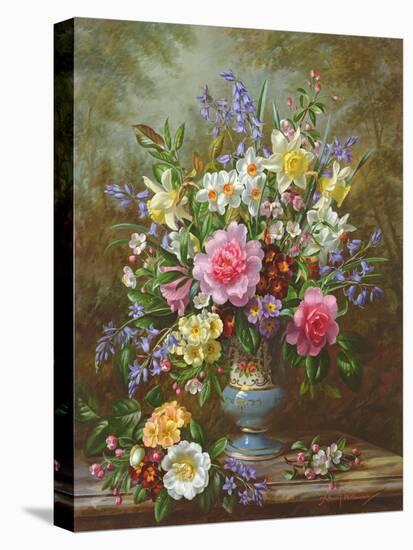 Bluebells, Daffodils, Primroses and Peonies in a Blue Vase-Albert-Charles Lebourg-Stretched Canvas