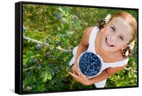 Blueberries, Summer, Child - Lovely Girl with Fresh Blueberries in the Garden-Gorilla-Framed Stretched Canvas