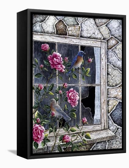 Bluebirds in Window-Jeff Tift-Framed Stretched Canvas