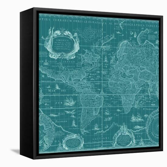 Blueprint World Map, Teal-Willem Blaeu-Framed Stretched Canvas