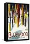 Bluewood, Washington - Colorful Skis-Lantern Press-Framed Stretched Canvas