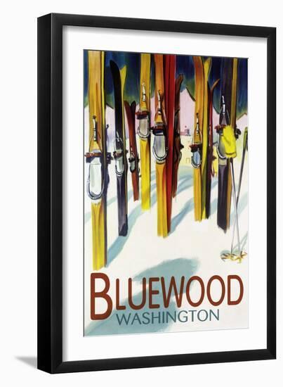 Bluewood, Washington - Colorful Skis-Lantern Press-Framed Art Print