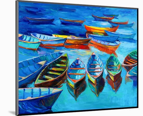 Bluish Boats and Sea Painting-null-Mounted Art Print