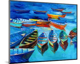 Bluish Boats and Sea Painting-null-Mounted Art Print
