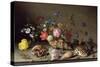 Blumen, Muscheln und Insekten auf einem Steingesims-Balthasar van der Ast-Stretched Canvas