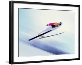 Blurred Action of Sky Jumper Flying Through the Air, Lake Placid, New York, USA-null-Framed Photographic Print