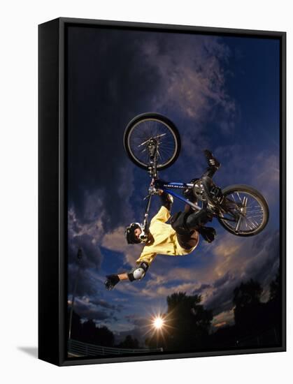 Bmx Cyclist Flys over the Vert-null-Framed Stretched Canvas