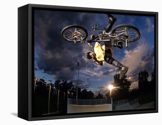 Bmx Cyclist Flys over the Vert-null-Framed Stretched Canvas