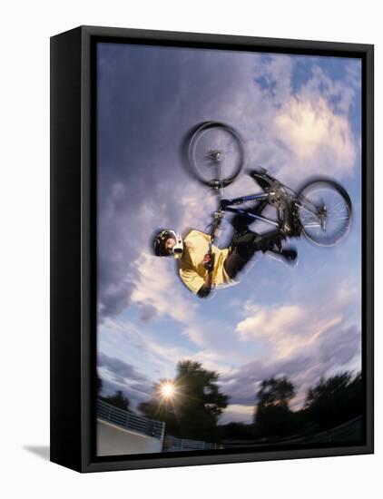 Bmx Cyclist Flys over the Vert-null-Framed Stretched Canvas