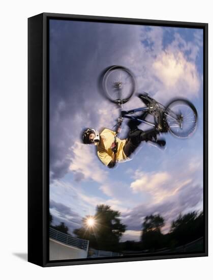 Bmx Cyclist Flys over the Vert-null-Framed Stretched Canvas