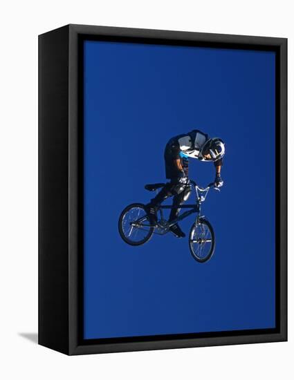 Bmx Cyclist Flys over the Vert-null-Framed Stretched Canvas