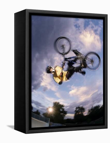 Bmx Cyclist Flys over the Vert-null-Framed Stretched Canvas