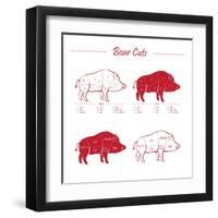 Boar Meat Cut Diagram - Elements Red on White-ONiONAstudio-Framed Art Print