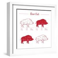 Boar Meat Cut Diagram - Elements Red on White-ONiONAstudio-Framed Art Print