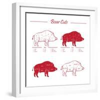 Boar Meat Cut Diagram - Elements Red on White-ONiONAstudio-Framed Art Print