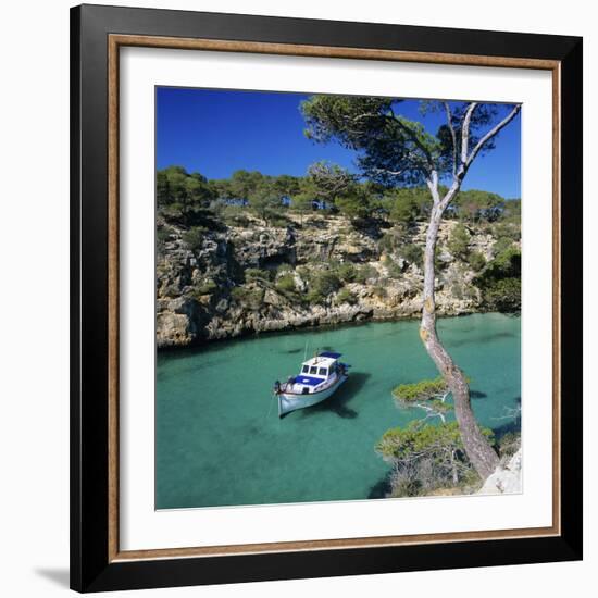 Boat Anchored in Rocky Inlet, Cala Pi, Mallorca, Balearic Islands, Spain, Mediterranean-Stuart Black-Framed Photographic Print