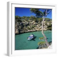 Boat Anchored in Rocky Inlet, Cala Pi, Mallorca, Balearic Islands, Spain, Mediterranean-Stuart Black-Framed Photographic Print