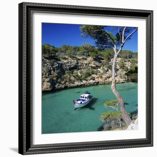 Boat Anchored in Rocky Inlet, Cala Pi, Mallorca, Balearic Islands, Spain, Mediterranean-Stuart Black-Framed Photographic Print