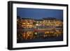 Boat and restaurants reflected in Thu Bon River at dusk, Hoi An, Vietnam-David Wall-Framed Photographic Print