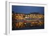 Boat and restaurants reflected in Thu Bon River at dusk, Hoi An, Vietnam-David Wall-Framed Photographic Print