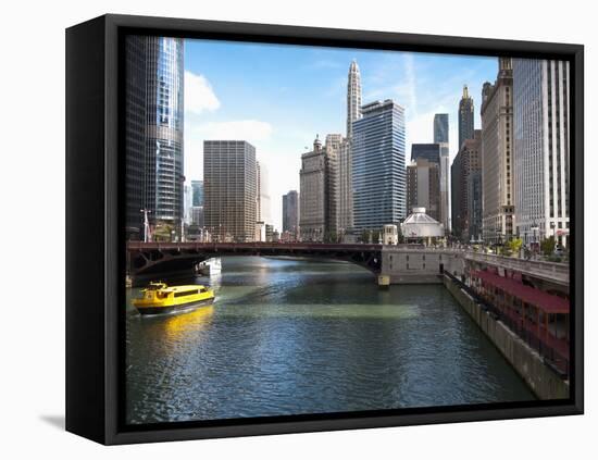 Boat and River, Chicago River, Chicago, Illinois, Usa-Alan Klehr-Framed Stretched Canvas