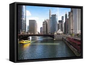 Boat and River, Chicago River, Chicago, Illinois, Usa-Alan Klehr-Framed Stretched Canvas