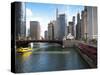 Boat and River, Chicago River, Chicago, Illinois, Usa-Alan Klehr-Stretched Canvas
