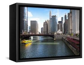 Boat and River, Chicago River, Chicago, Illinois, Usa-Alan Klehr-Framed Stretched Canvas