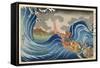 Boat and Waves (Colour Woodblock Print)-Japanese-Framed Stretched Canvas