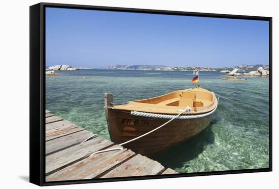 Boat at a Jetty, Palau, Sardinia, Italy, Mediterranean, Europe-Markus Lange-Framed Stretched Canvas