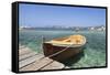 Boat at a Jetty, Palau, Sardinia, Italy, Mediterranean, Europe-Markus Lange-Framed Stretched Canvas