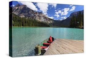 Boat at a Pier, Emerald Lake, Canada-George Oze-Stretched Canvas